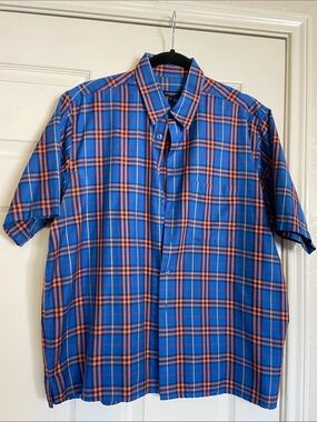 Burberry vintage rare Blue and Orange Plaid Short-Sleeve Button-Down Shirt
